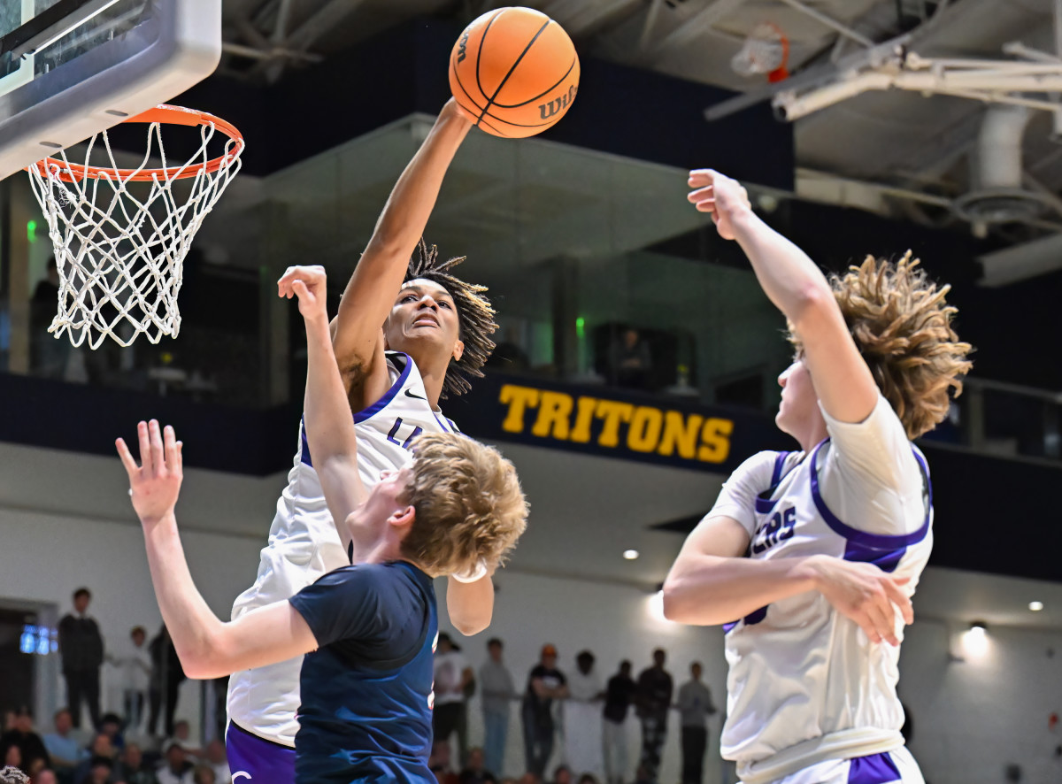 Carlsbad's Jael Martin swats away a Montgomery shot attempts during the first half of Saturday's Open Division championship game.